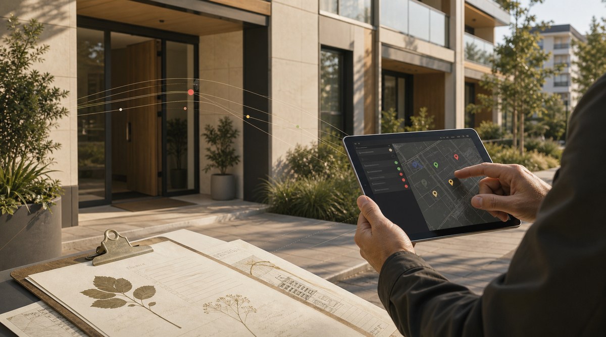 TDS-inspecteur bij een gebouw met de Scan & Score-app
