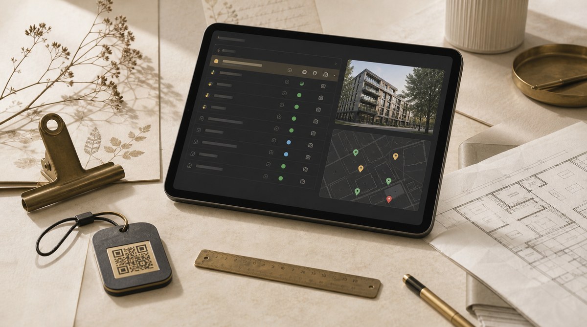 TDS vastgoed-inspectie-app met iPad-dashboard en QR-scanner